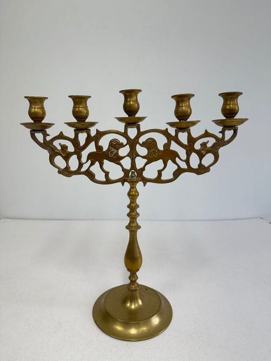 Vintage Large Brass 5 Arm Candelabra w/Dogs /rw