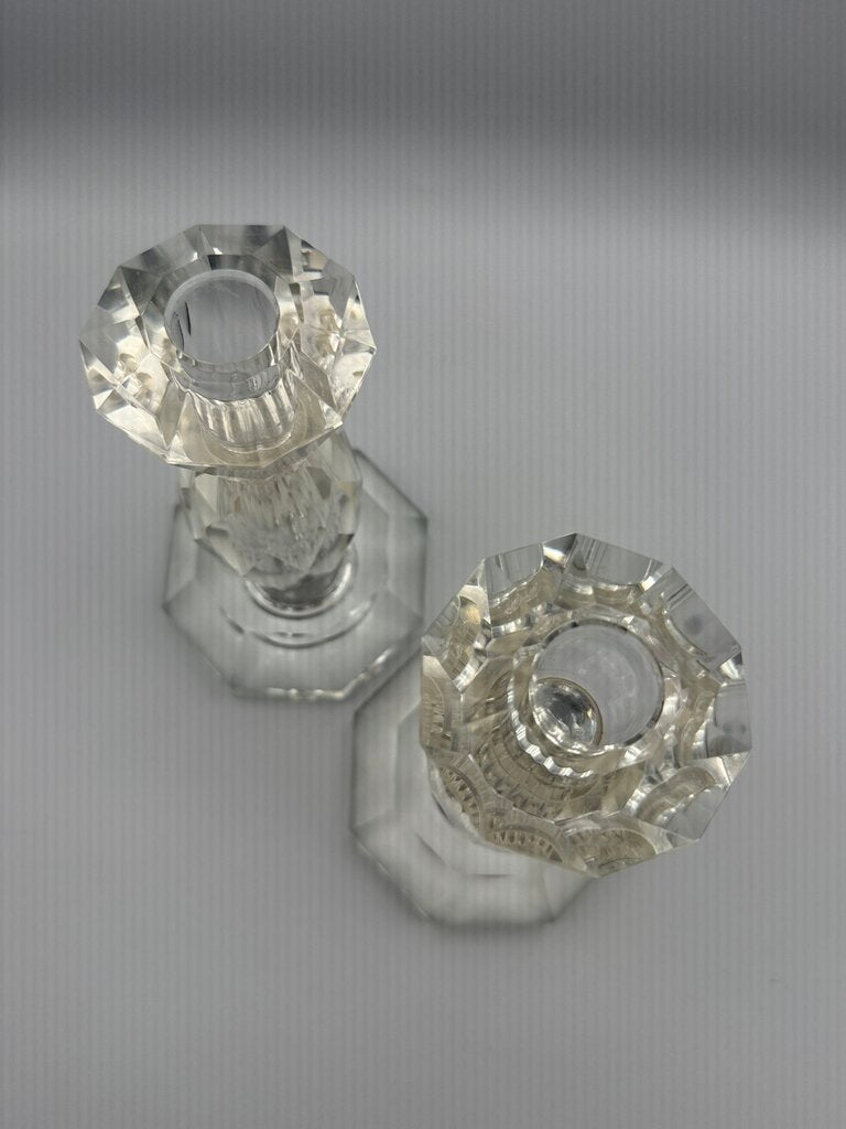 MCM Post House Faceted Pair of Crystal Candlestick Holders /roh