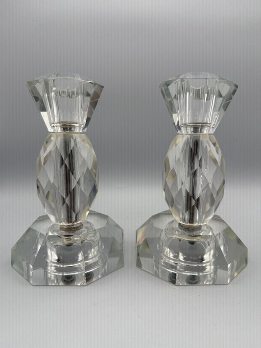 MCM Post House Faceted Pair of Crystal Candlestick Holders /roh