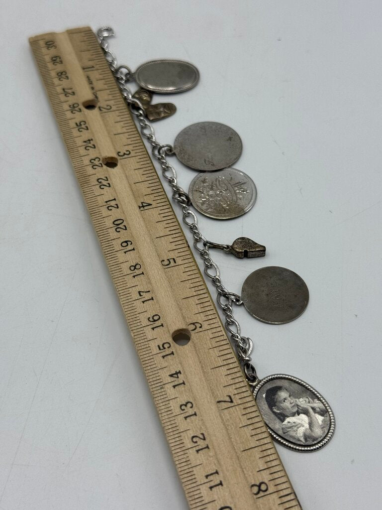 Vintage Sterling Silver Charm Bracelet Figaro Link 7” /ro