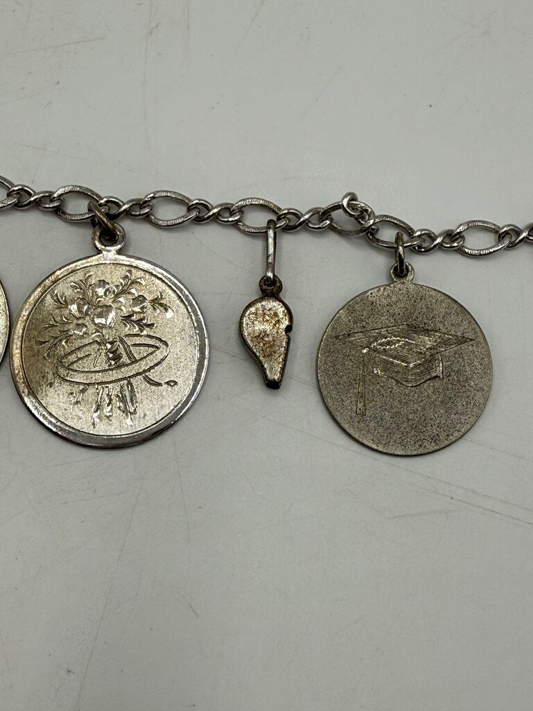 Vintage Sterling Silver Charm Bracelet Figaro Link 7” /ro