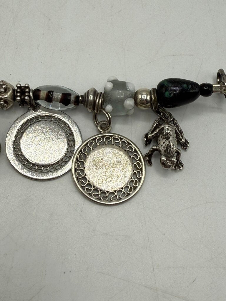 Glass Bead Bracelet & 10 Sterling Silver Charms 7” /ro
