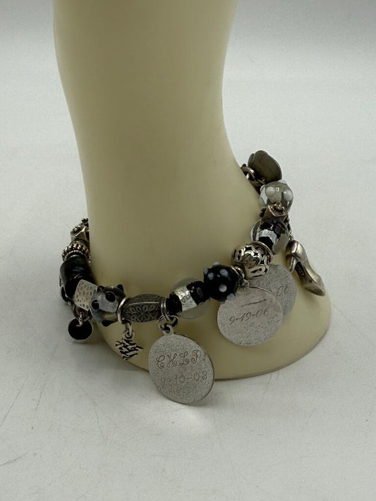 Glass Bead Bracelet & 10 Sterling Silver Charms 7” /ro