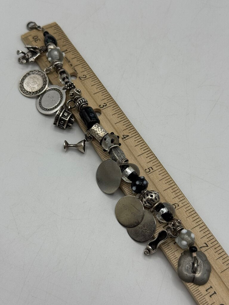 Glass Bead Bracelet & 10 Sterling Silver Charms 7” /ro