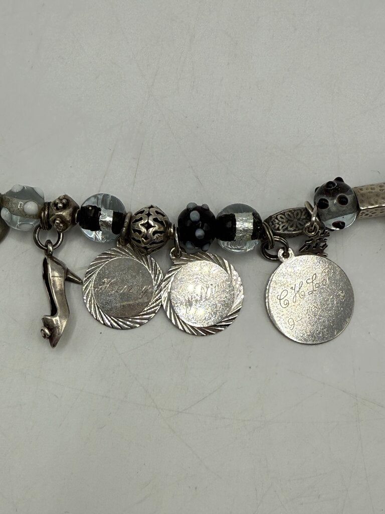 Glass Bead Bracelet & 10 Sterling Silver Charms 7” /ro