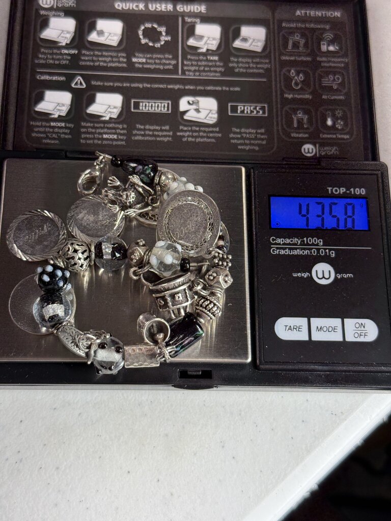 Glass Bead Bracelet & 10 Sterling Silver Charms 7” /ro