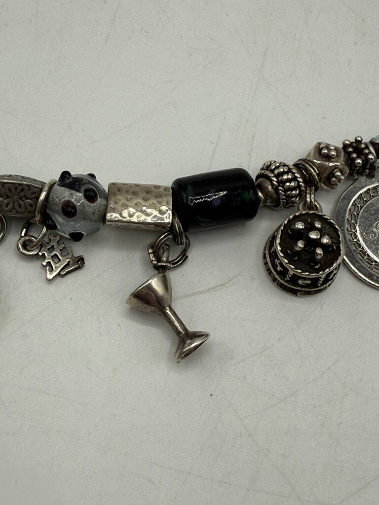 Glass Bead Bracelet & 10 Sterling Silver Charms 7” /ro