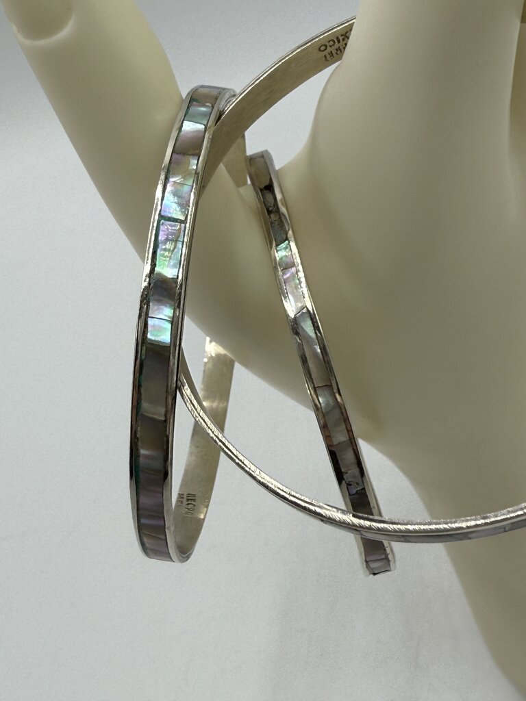 Vintage Trio of Mexican Sterling Silver Bangle Bracelets w/Inlaid Abalone Shell /ro