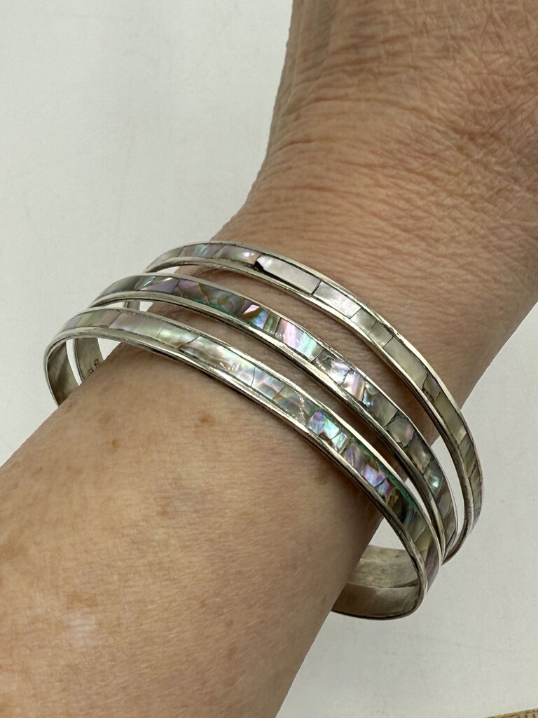 Vintage Trio of Mexican Sterling Silver Bangle Bracelets w/Inlaid Abalone Shell /ro