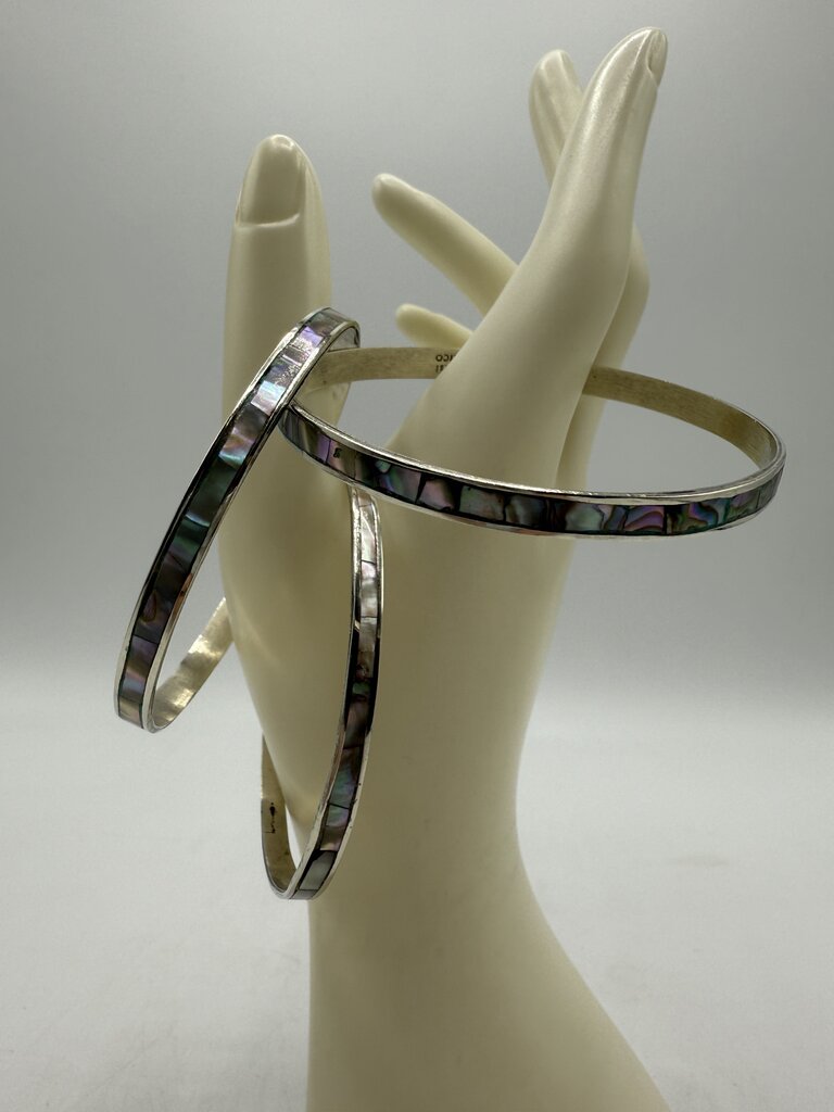 Vintage Trio of Mexican Sterling Silver Bangle Bracelets w/Inlaid Abalone Shell /ro