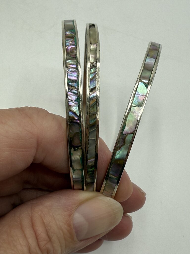 Vintage Trio of Mexican Sterling Silver Bangle Bracelets w/Inlaid Abalone Shell /ro