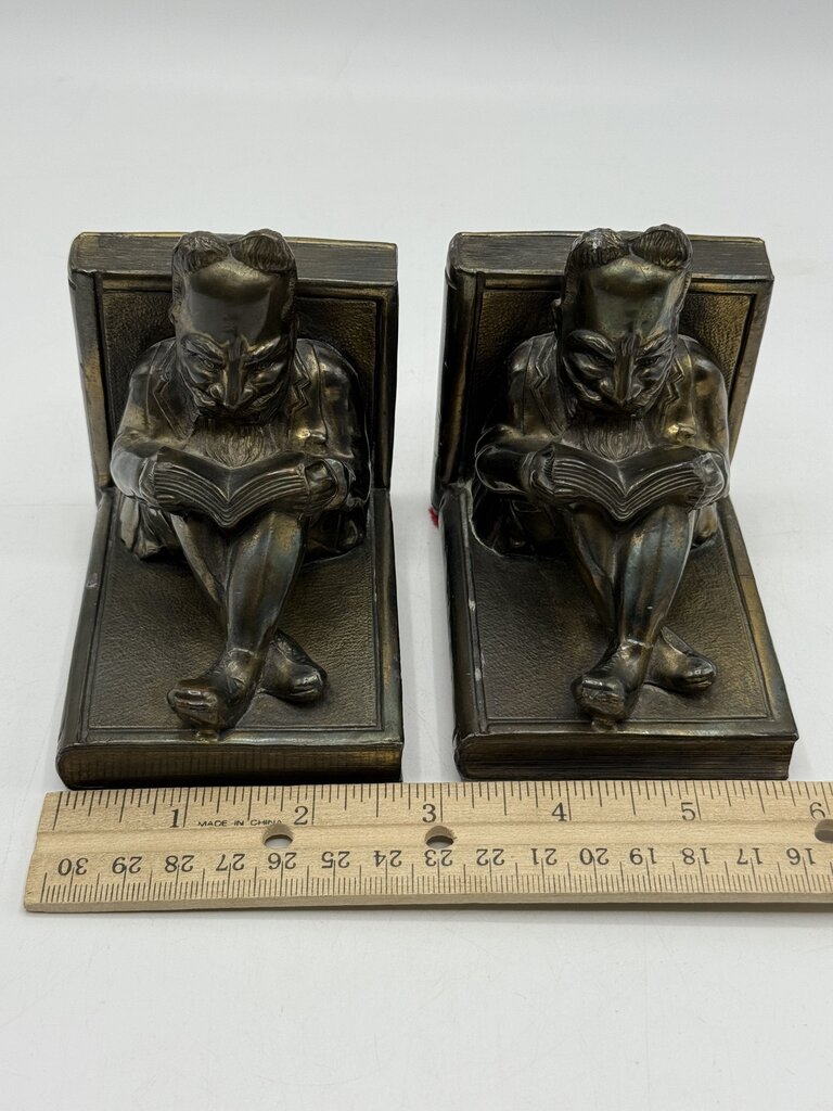 Antique TK Metal Bronze/Brass Book Ends Reading /rw