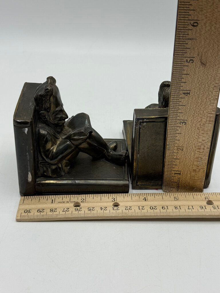 Antique TK Metal Bronze/Brass Book Ends Reading /rw