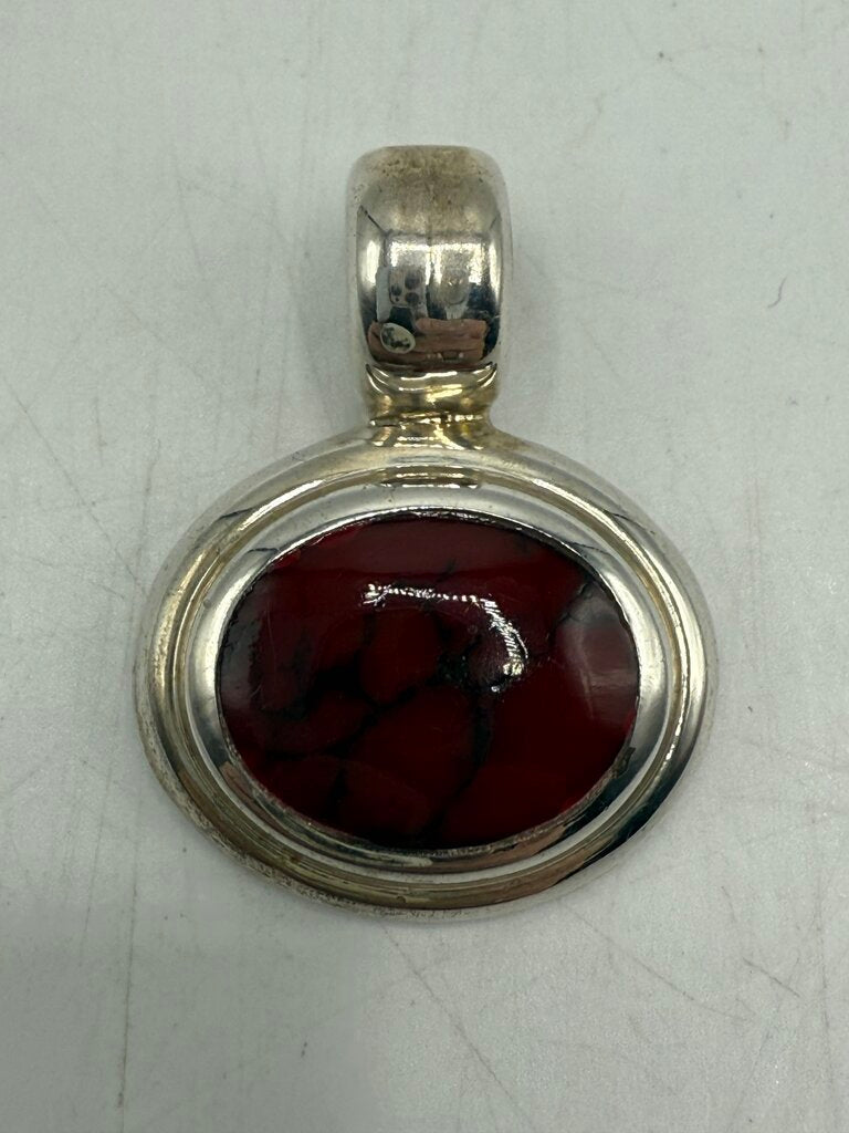 Sterling Silver Oval Pendant Slide w/Red Jasper Stone 10 Grams /ro