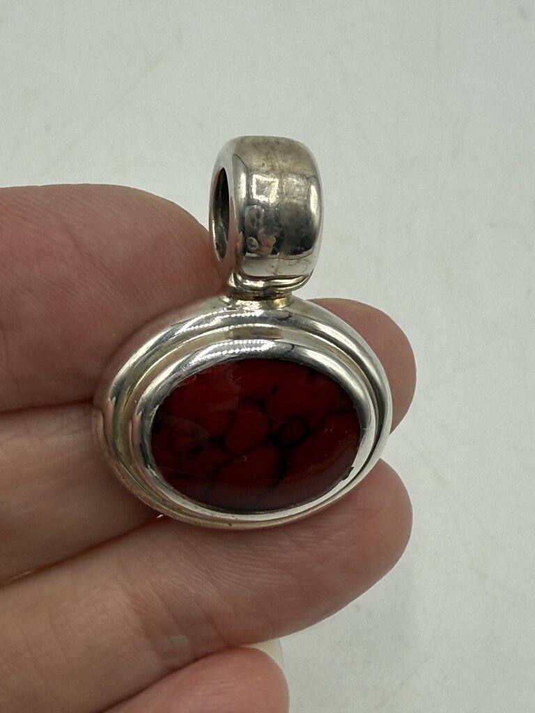 Sterling Silver Oval Pendant Slide w/Red Jasper Stone 10 Grams /ro