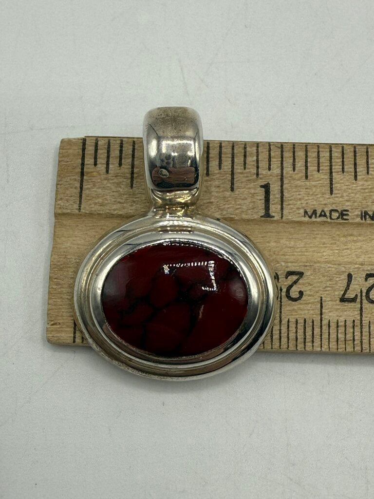 Sterling Silver Oval Pendant Slide w/Red Jasper Stone 10 Grams /ro
