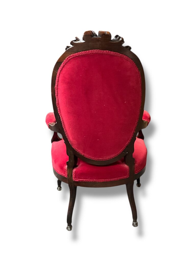 Red Victorian Parlor Chair, Walnut Frame