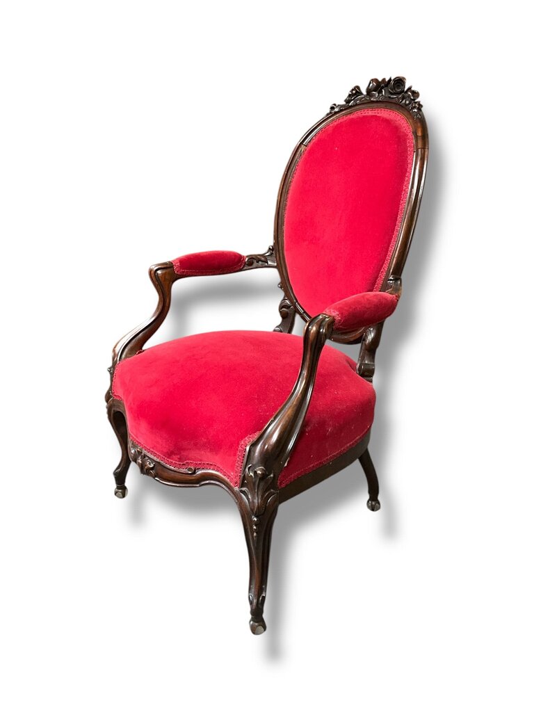 Red Victorian Parlor Chair, Walnut Frame
