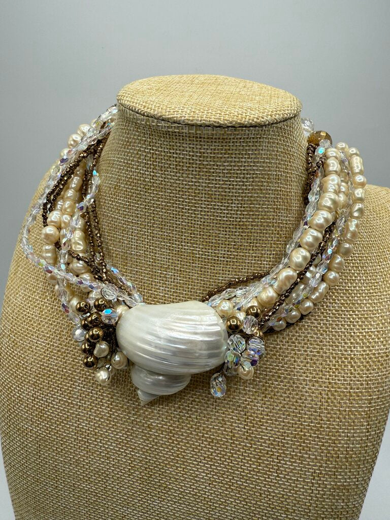 Statement Choker Necklace Seed Pearls Crystals Sea Shell Set /ro