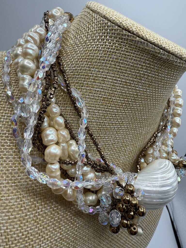 Statement Choker Necklace Seed Pearls Crystals Sea Shell Set /ro