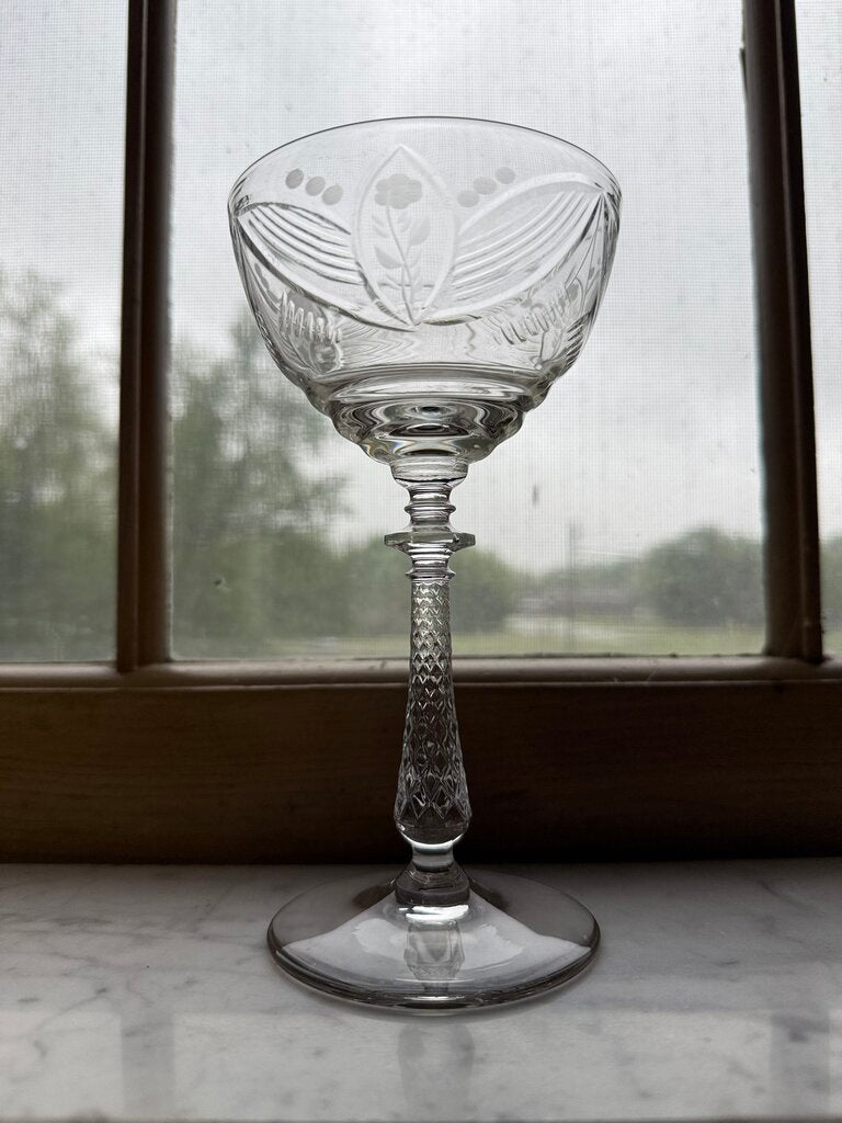 Libbey Rock Sharpe Crystal Etched Floral Champagne Glasses/Tall Sherbet set of 7 /rw
