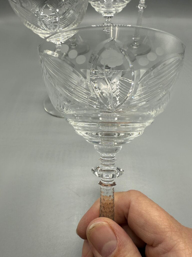Libbey Rock Sharpe Crystal Etched Floral Champagne Glasses/Tall Sherbet set of 7 /rw