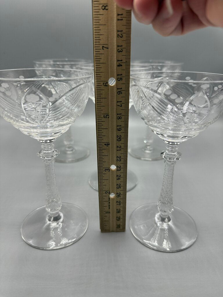 Libbey Rock Sharpe Crystal Etched Floral Champagne Glasses/Tall Sherbet set of 7 /rw