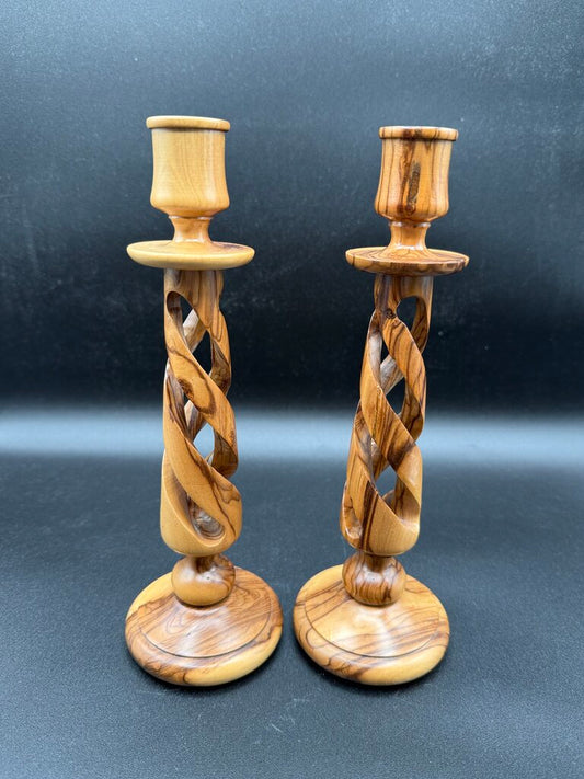 VTG Olive Wood Turned Candlestick Holders 9” tall Set of 2 /roh