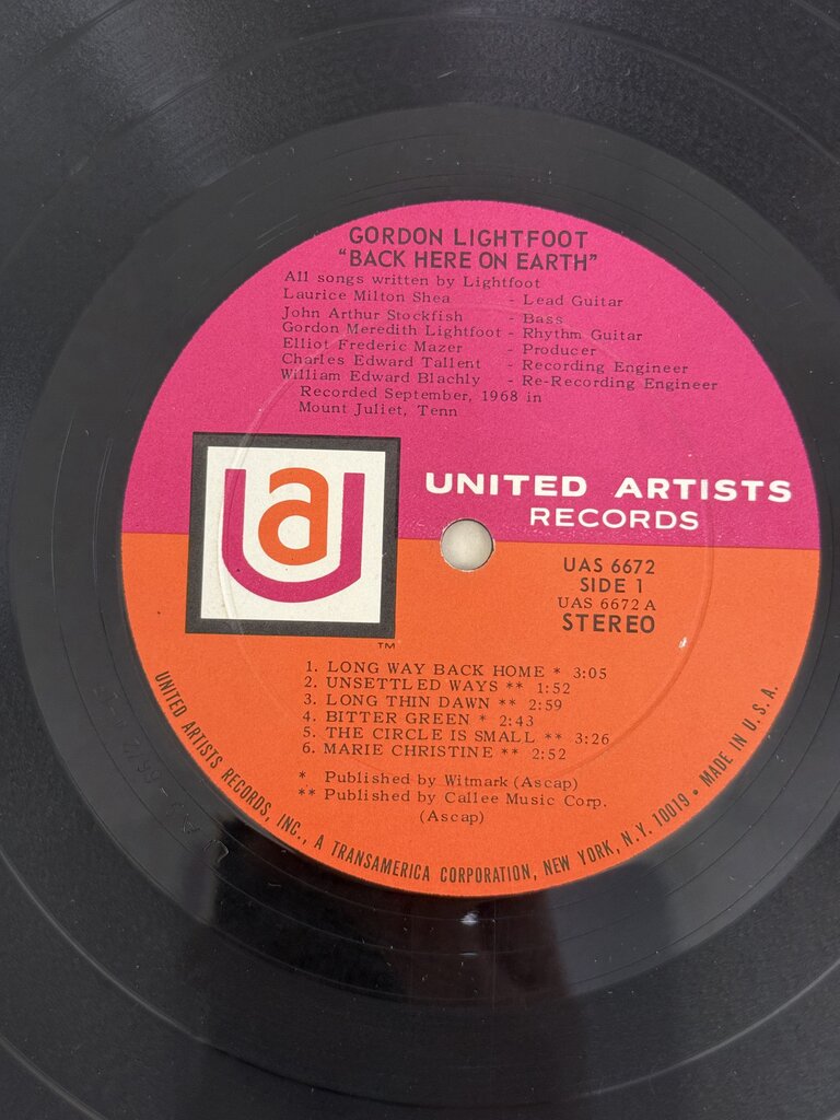 VTG Vinyl Album Gordon Lightfoot Back Here on Earth LP /ro