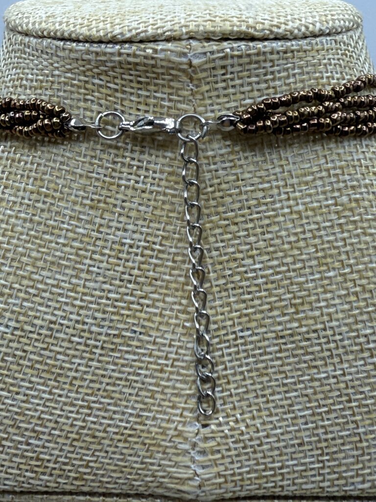 Beaded Necklace Fused Glass Pendant & Pierced Dangle Earrings Brown Tones /ro