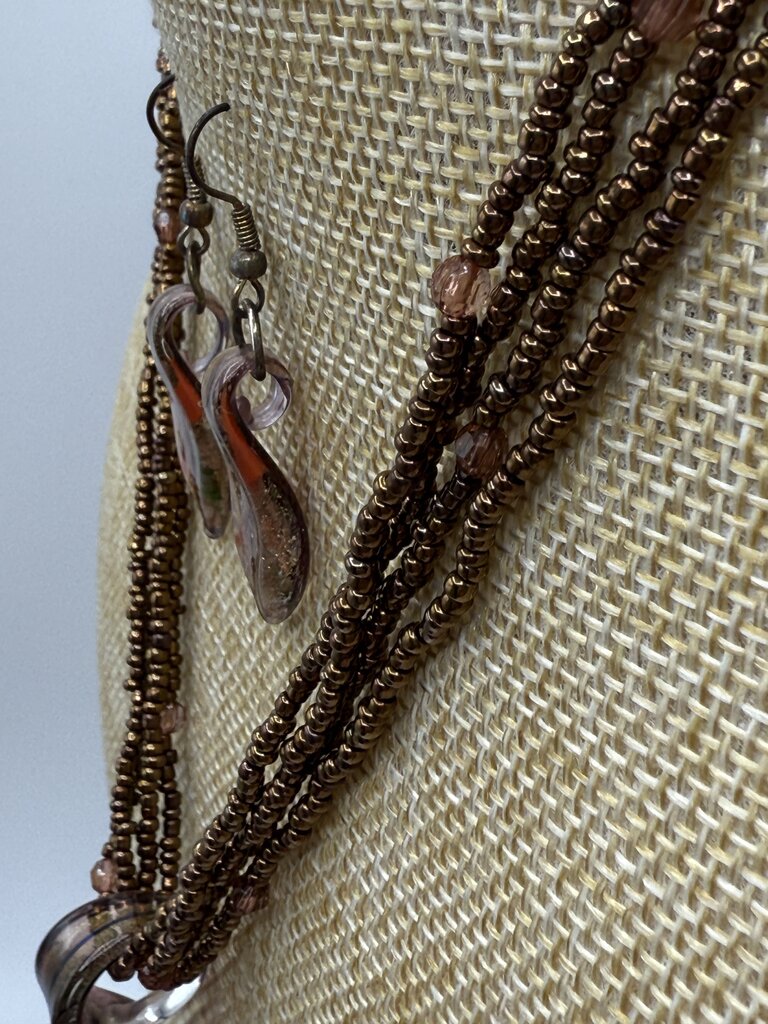 Beaded Necklace Fused Glass Pendant & Pierced Dangle Earrings Brown Tones /ro