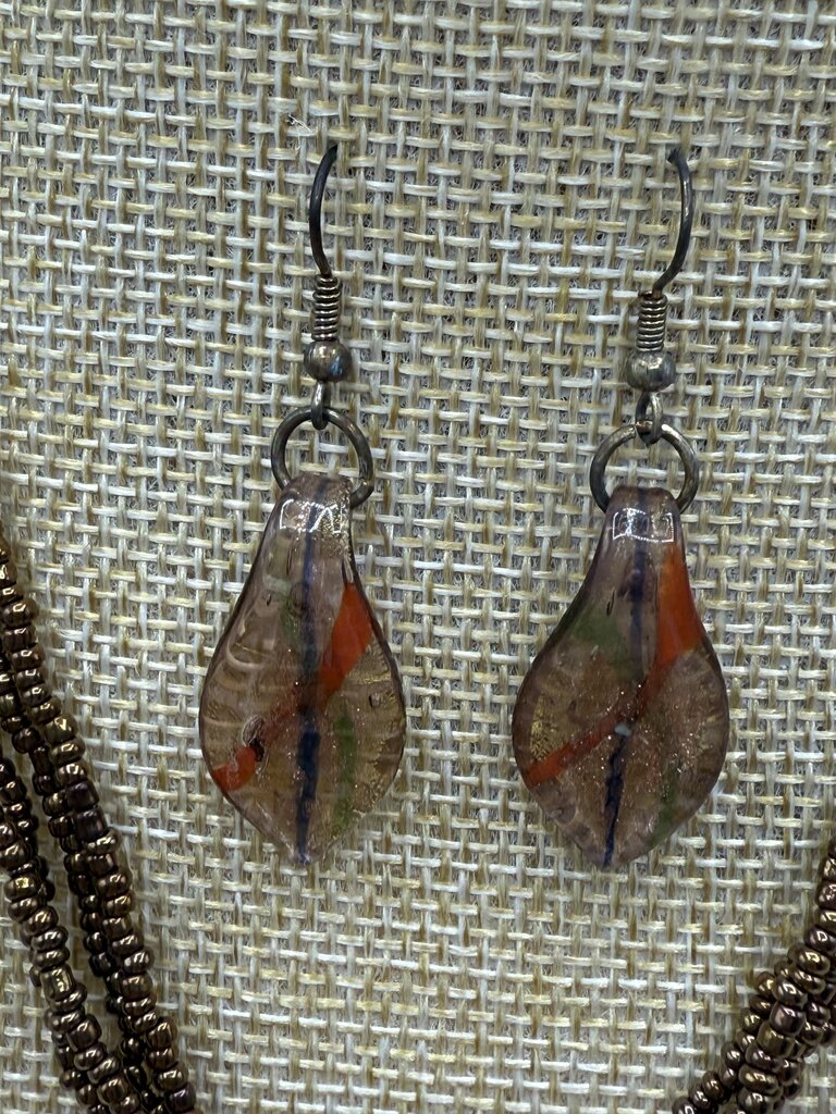 Beaded Necklace Fused Glass Pendant & Pierced Dangle Earrings Brown Tones /ro
