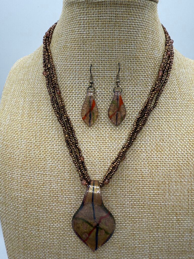 Beaded Necklace Fused Glass Pendant & Pierced Dangle Earrings Brown Tones /ro