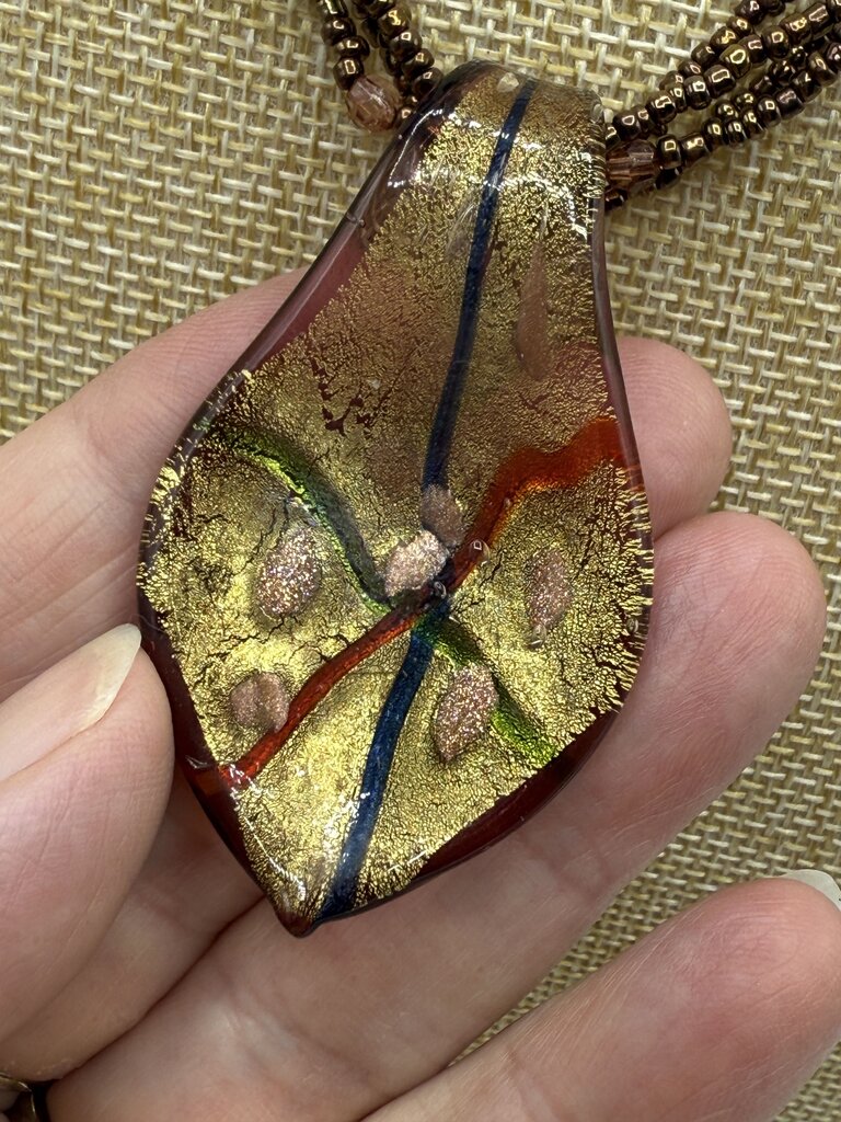 Beaded Necklace Fused Glass Pendant & Pierced Dangle Earrings Brown Tones /ro