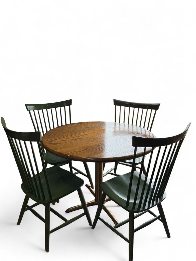Round Wood Table With 4 Green Chairs