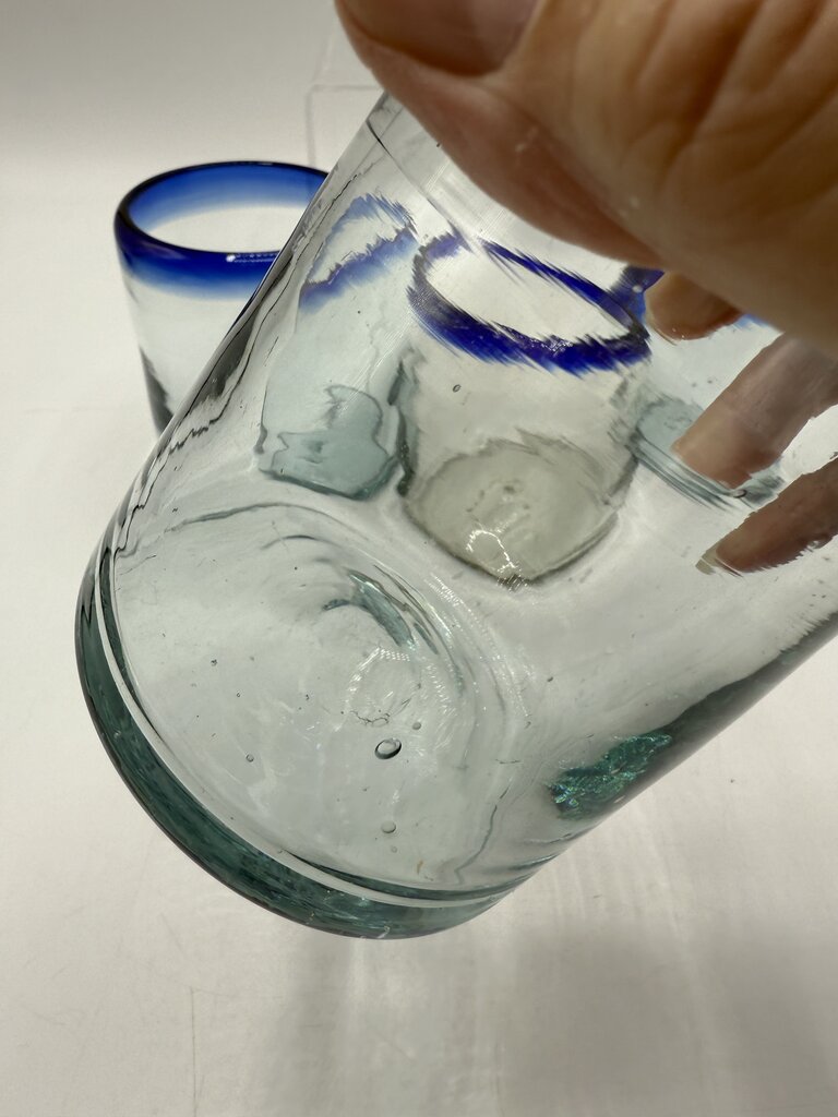 Set of 4 Hand Blown Mexican Bubble Glass 4” Blue Rim /rw