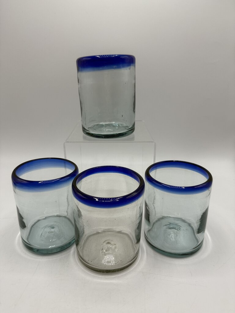 Set of 4 Hand Blown Mexican Bubble Glass 4” Blue Rim /rw