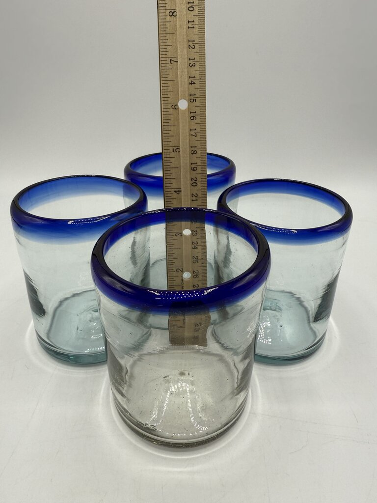 Set of 4 Hand Blown Mexican Bubble Glass 4” Blue Rim /rw