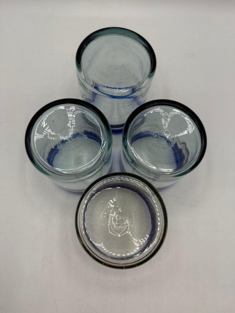 Set of 4 Hand Blown Mexican Bubble Glass 4” Blue Rim /rw