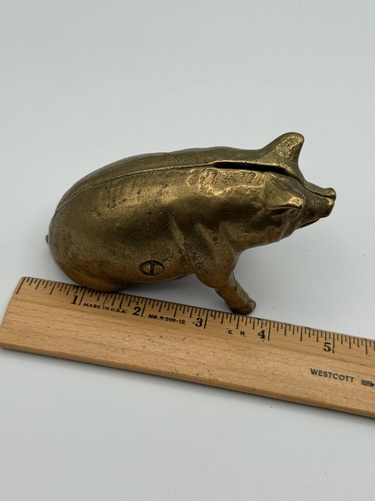 VTG Valleau Brass Sitting Pig Piggy Coin Bank Stamped V /ro