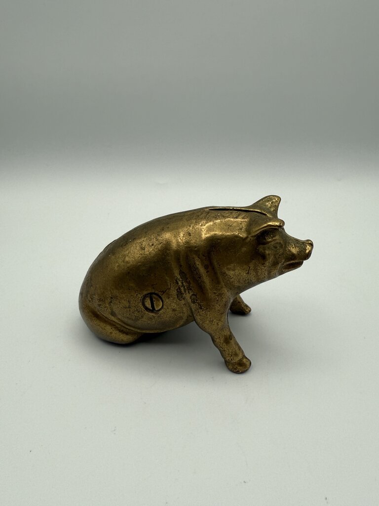 VTG Valleau Brass Sitting Pig Piggy Coin Bank Stamped V /ro