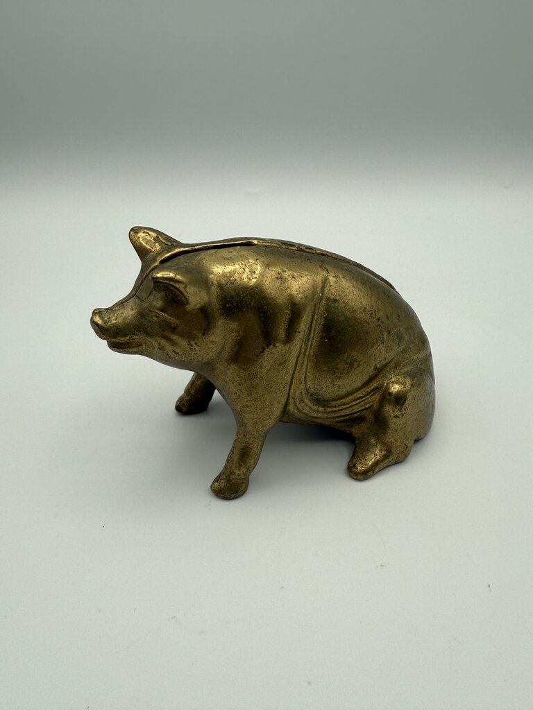 VTG Valleau Brass Sitting Pig Piggy Coin Bank Stamped V /ro