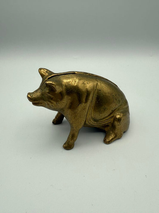 VTG Valleau Brass Sitting Pig Piggy Coin Bank Stamped V /ro