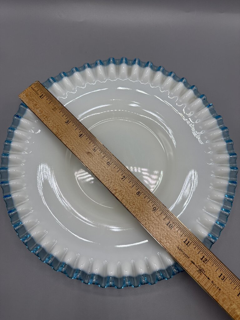 VTG Fenton Aqua Crest Milk Glass Ruffled Edge Platter Cake Plate /rb