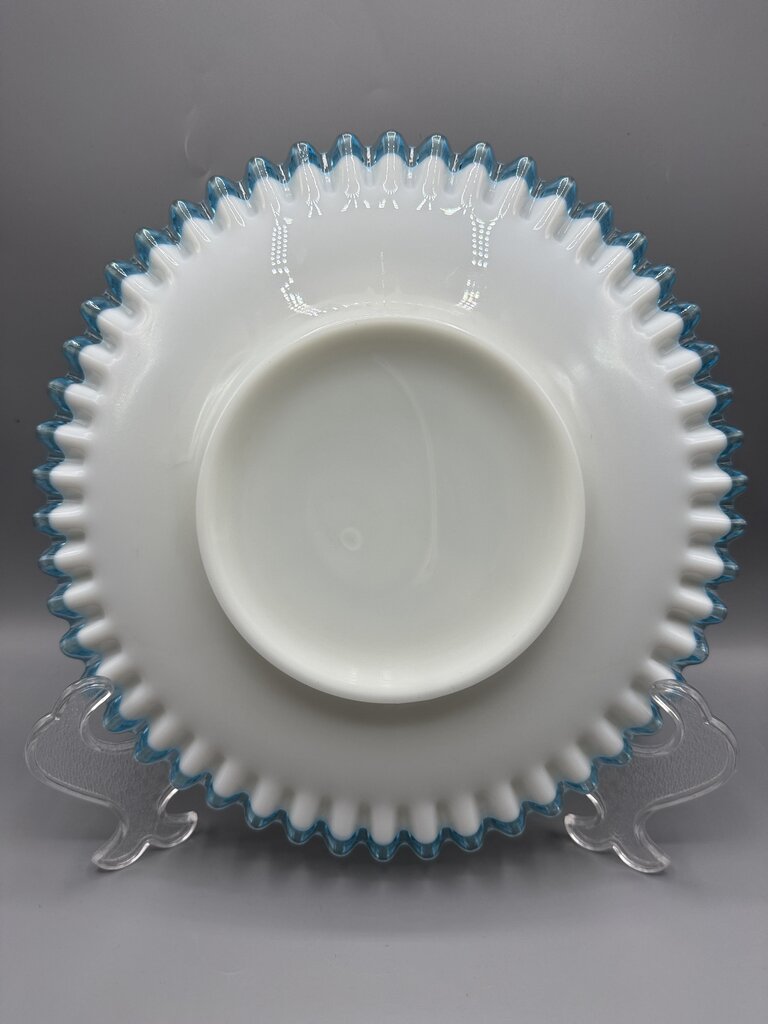 VTG Fenton Aqua Crest Milk Glass Ruffled Edge Platter Cake Plate /rb