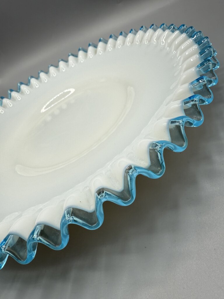 VTG Fenton Aqua Crest Milk Glass Ruffled Edge Platter Cake Plate /rb