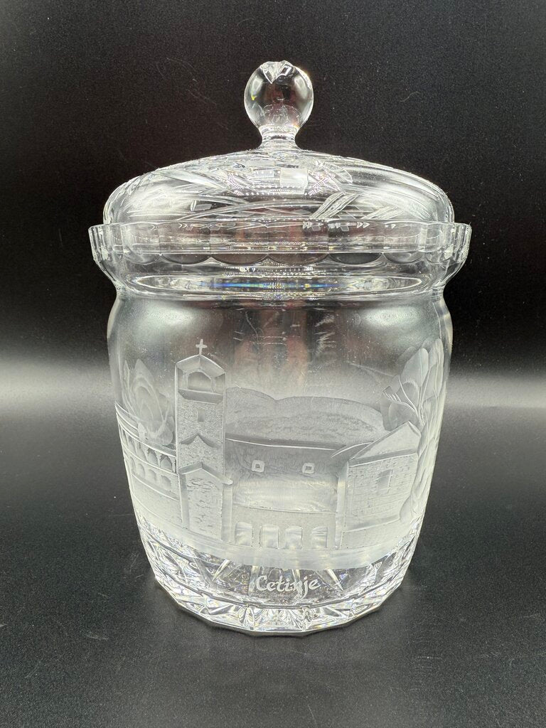 Rogaska Crystal Biscuit Barrel Etched Cetinje Monastery EUC /roh