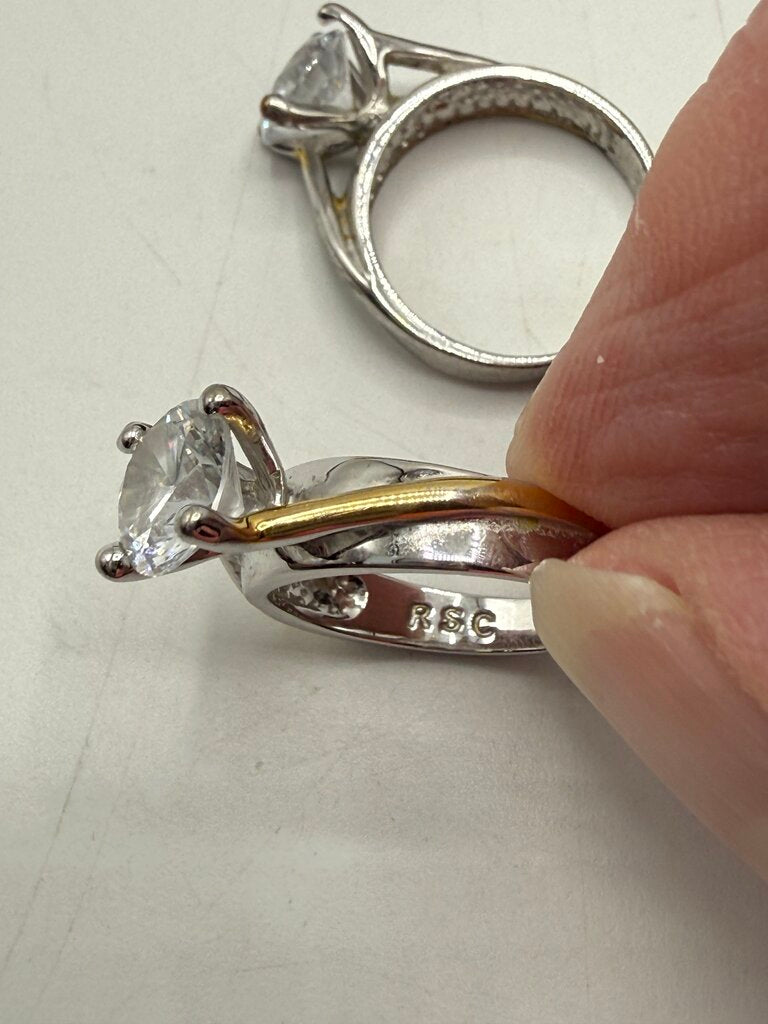 Two RSC Round Cubic Zirconia Solitaire Stone Silver Tone Size 6 Rings /ro