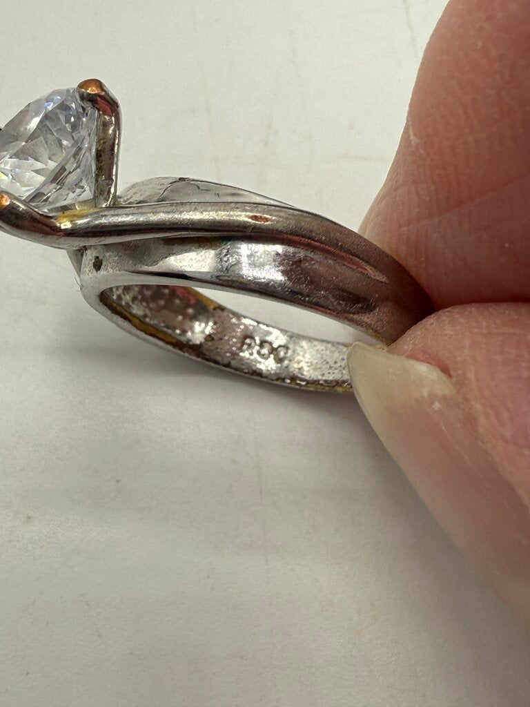 Two RSC Round Cubic Zirconia Solitaire Stone Silver Tone Size 6 Rings /ro