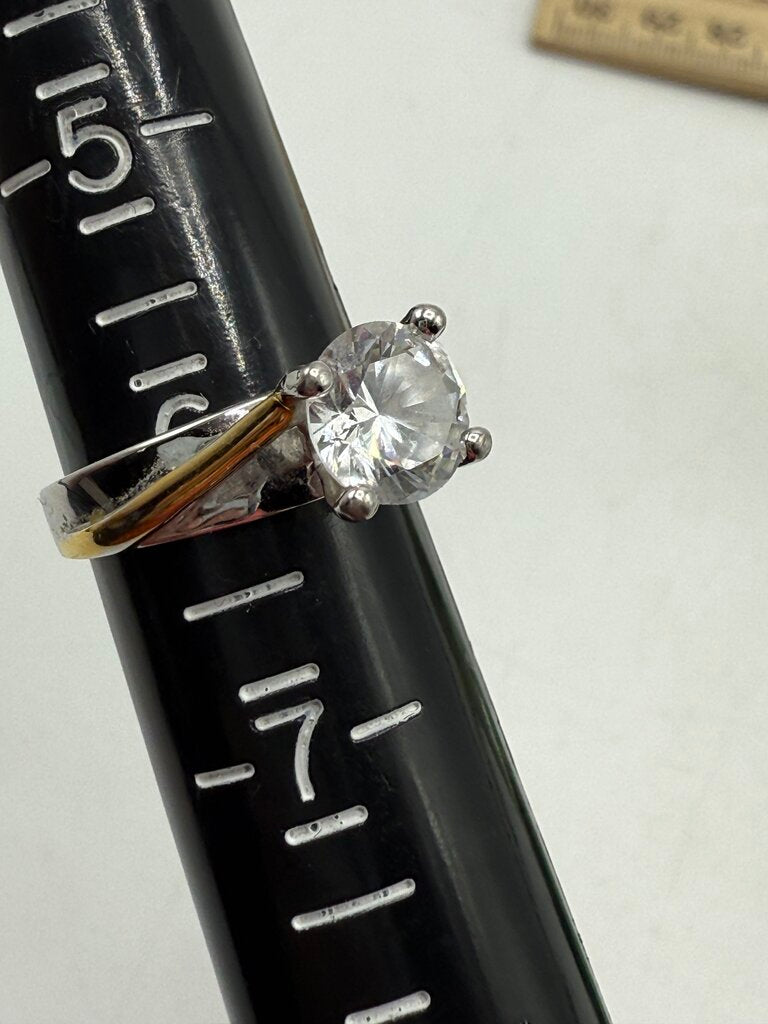 Two RSC Round Cubic Zirconia Solitaire Stone Silver Tone Size 6 Rings /ro